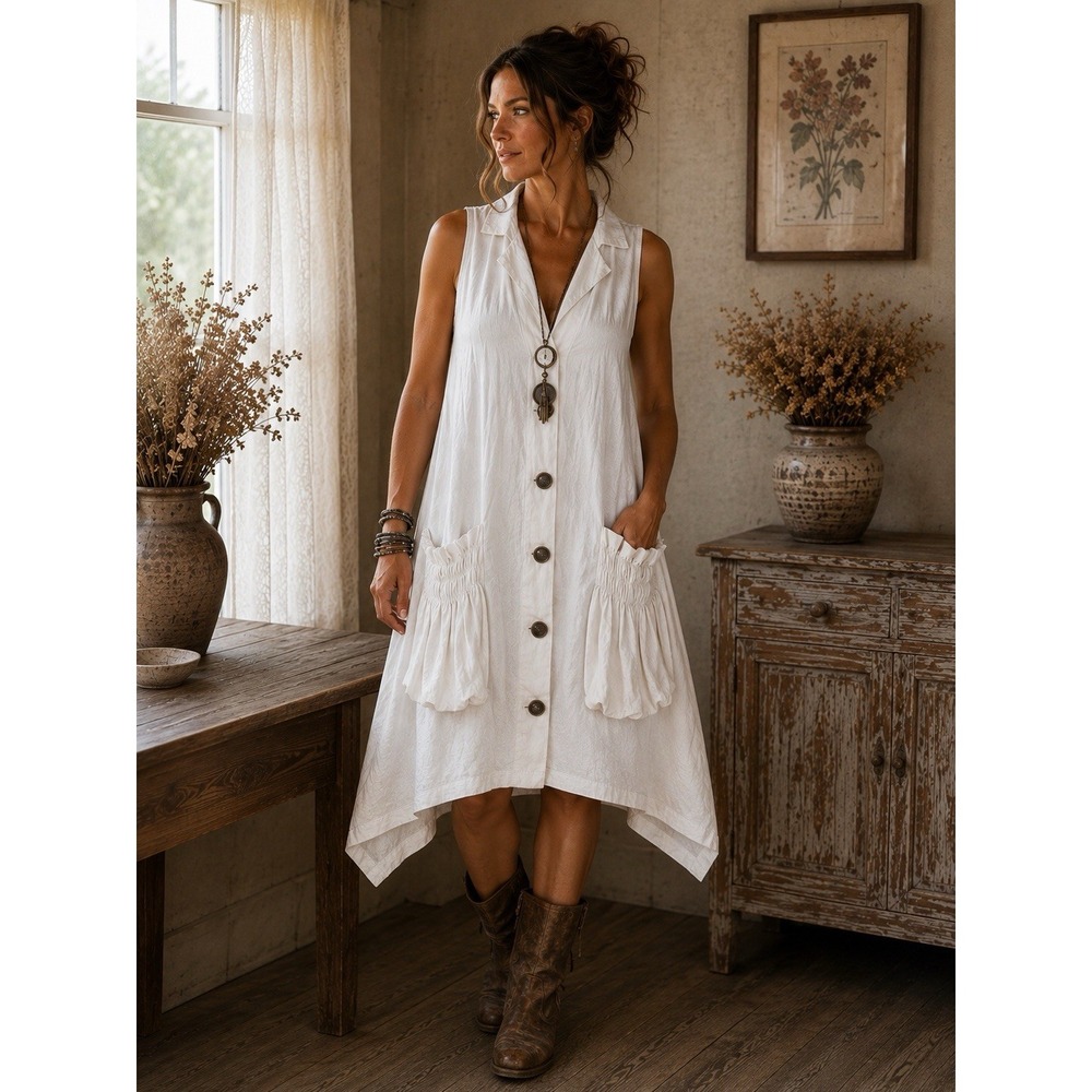 FOR CYNTHIA Ivory Linen Blend Sleeveless Shark Bite Dress Sz S Pockets Lagenlook